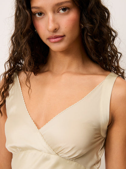 ALICE cream satin midi dress, detail of V-neck by Rouje