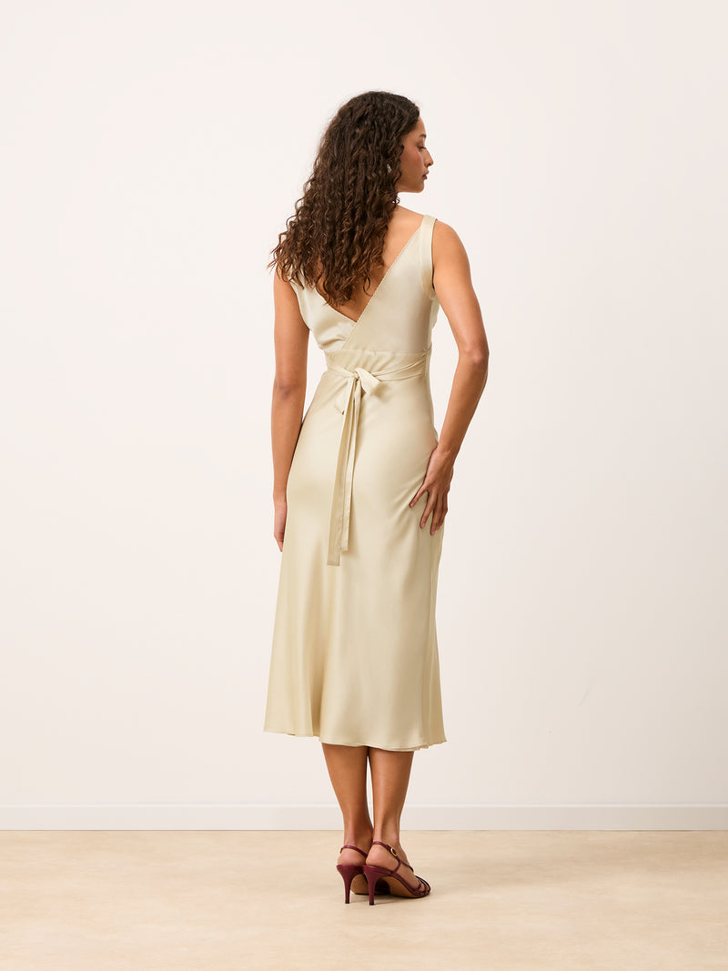 ALICE cream satin sleeveless midi dress, 3/4 view by Rouje