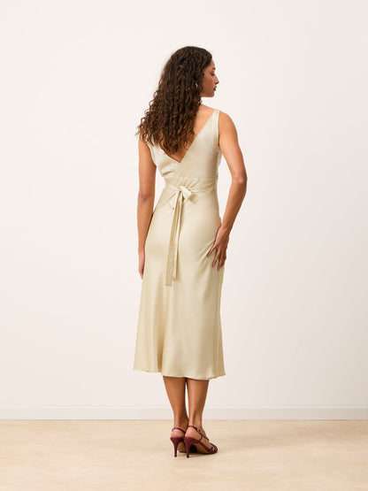 ALICE cream satin sleeveless midi dress, 3/4 view by Rouje