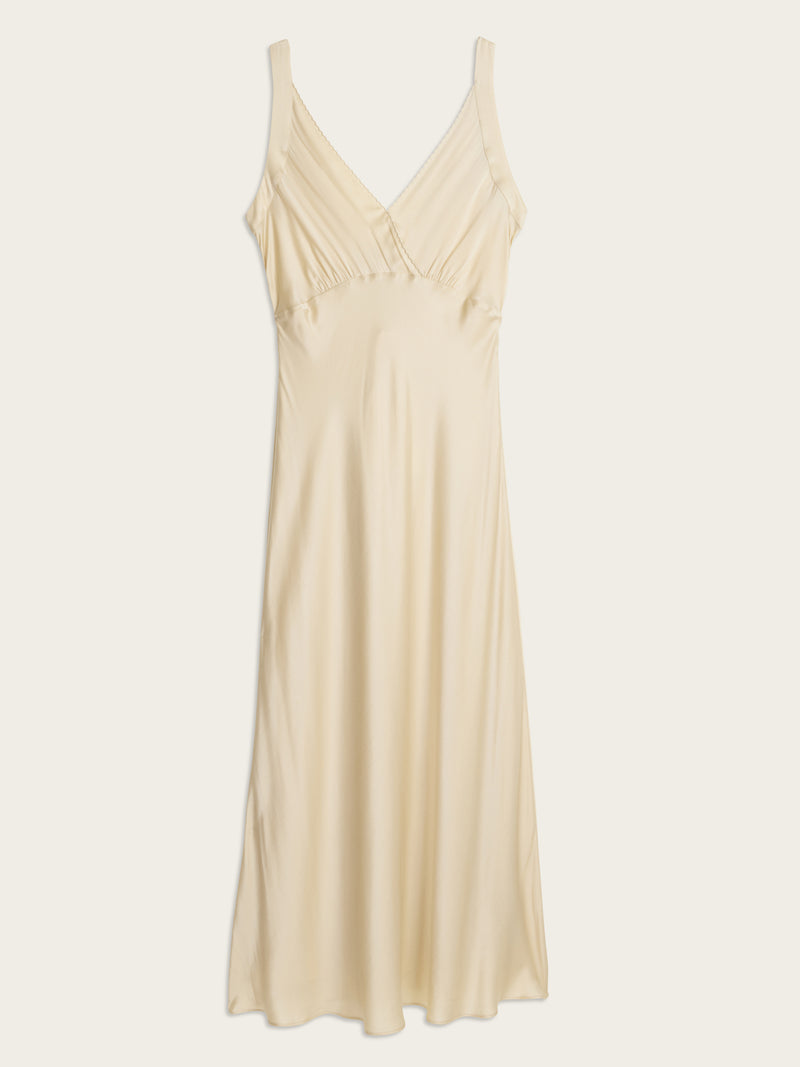 ALICE cream satin sleeveless midi dress, flat packshot by Rouje