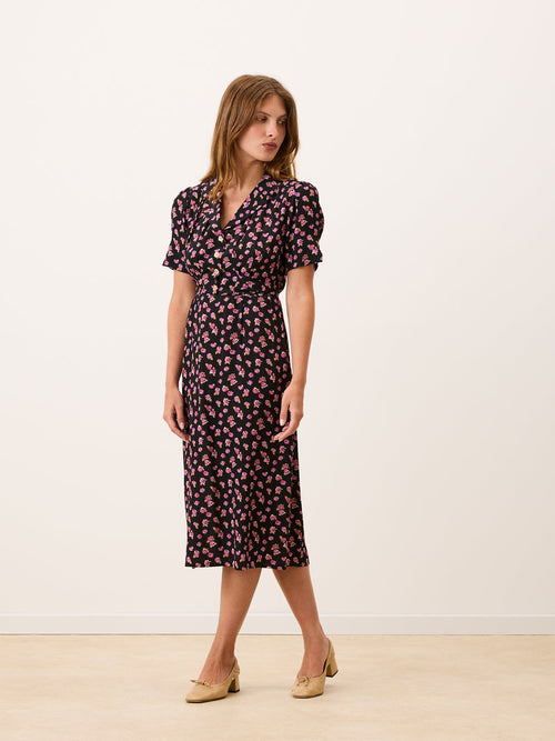 ANAIS black floral midi dress worn on a model by Rouje