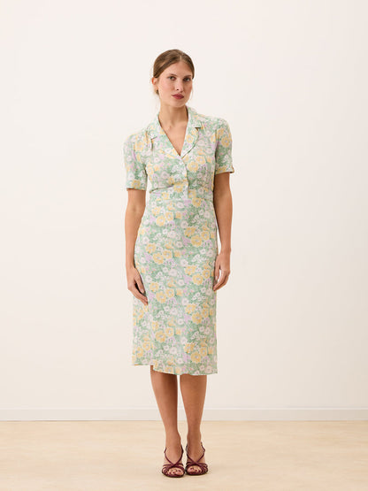 ANAIS Jardin parisien floral midi dress, side view by Rouje