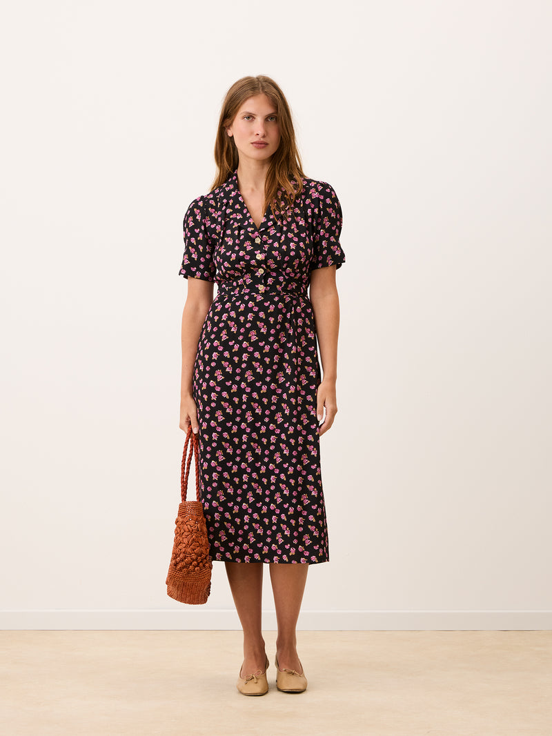 ANAIS black Parisian Beauty floral midi dress, back view by Rouje