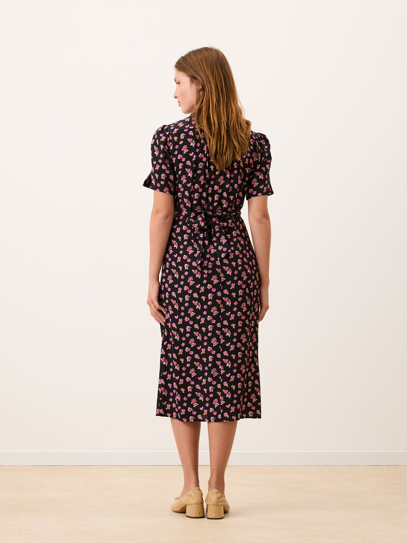 ANAIS black floral midi dress, detail of shirt collar by Rouje