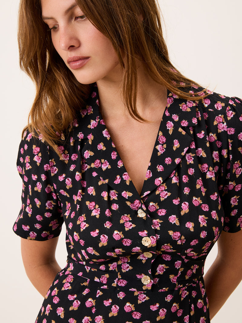 ANAIS black floral print midi dress, side view by Rouje