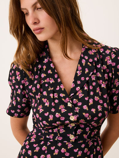 ANAIS black floral print midi dress, side view by Rouje