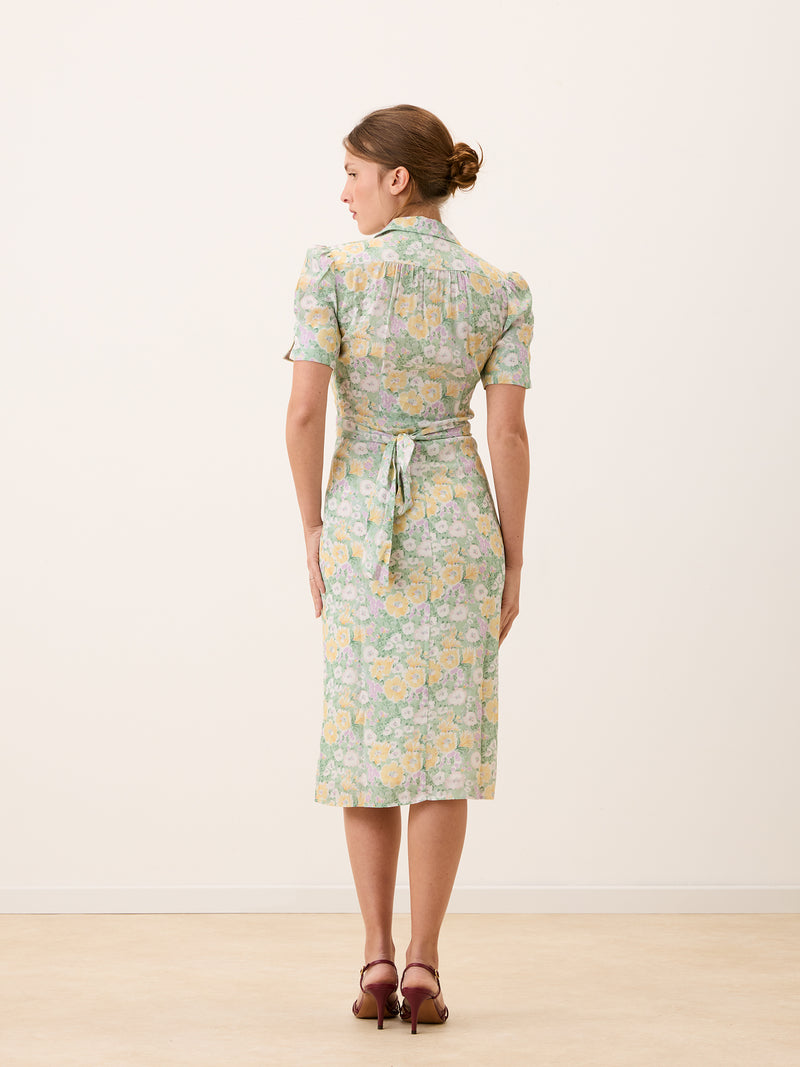 ANAIS green floral wrap midi dress, detail of shirt collar by Rouje