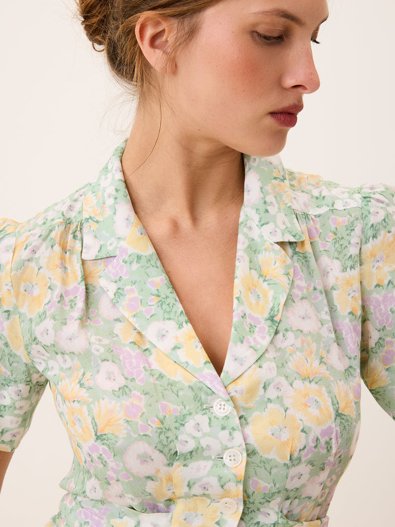 ANAIS Jardin parisien floral midi dress, 3/4 view by Rouje