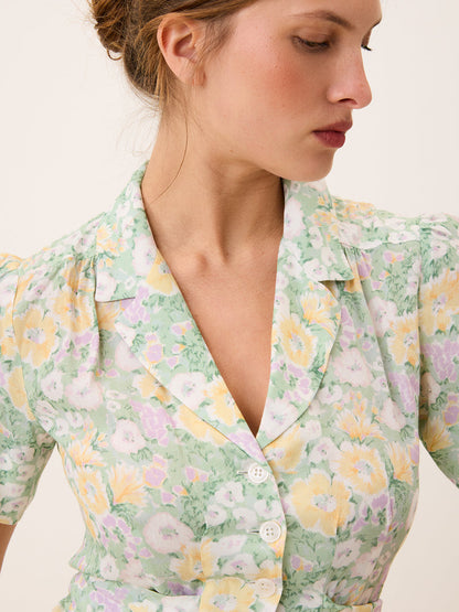 ANAIS Jardin parisien floral midi dress, 3/4 view by Rouje