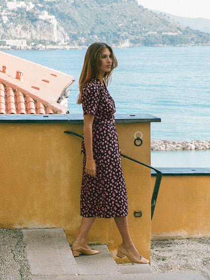 ANAIS black Parisian Beauty floral midi dress, 3/4 view by Rouje