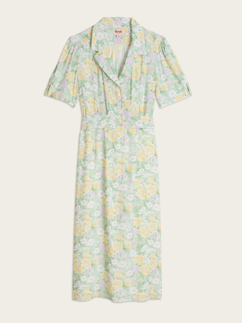 ANAIS pastel green floral print midi wrap dress, flat packshot by Rouje