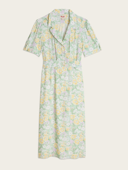 ANAIS pastel green floral print midi wrap dress, flat packshot by Rouje