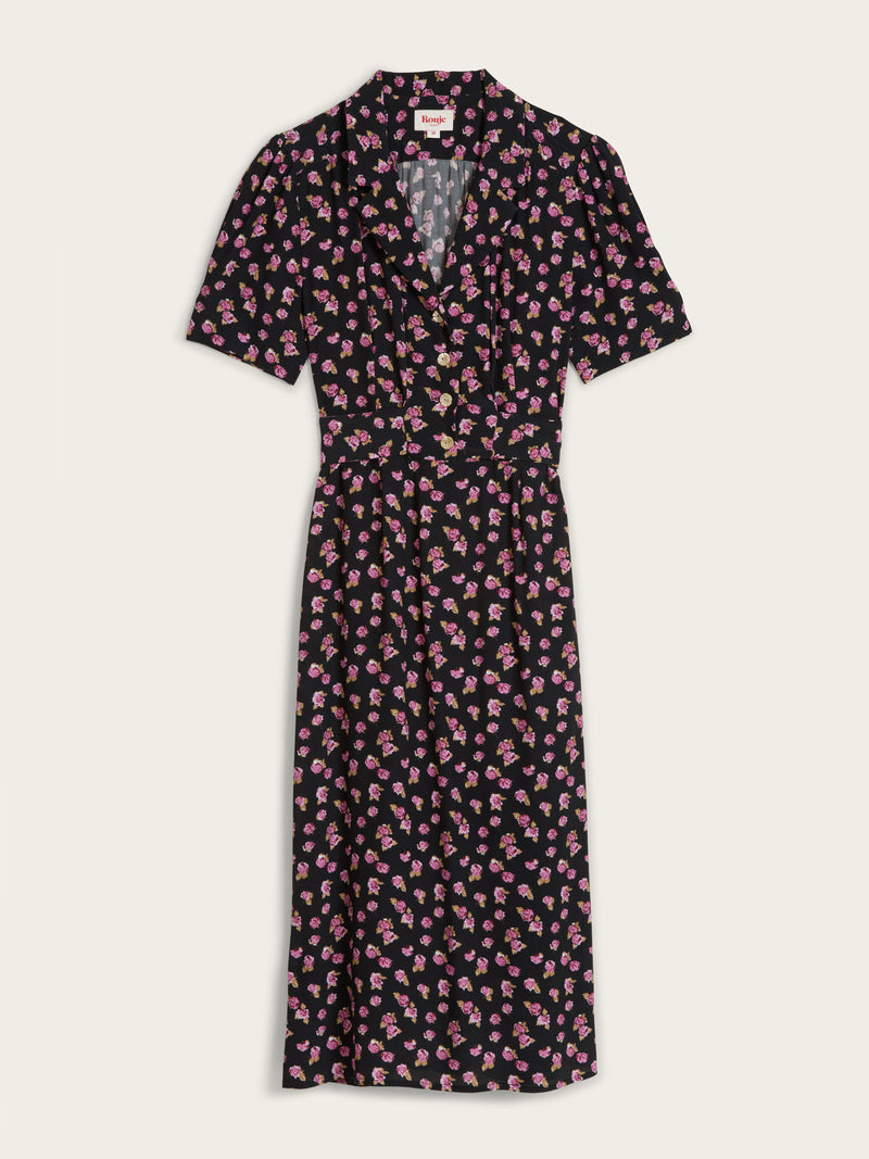 ANAIS black Parisian Beauty floral print short-sleeve midi dress, flat packshot by Rouje