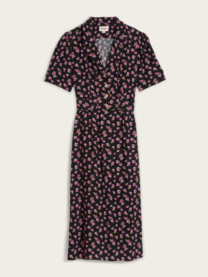 ANAIS black Parisian Beauty floral print short-sleeve midi dress, flat packshot by Rouje
