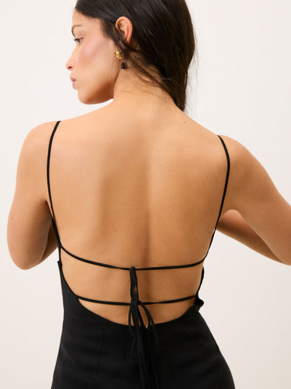 ANNICK black midi dress, back view with lace-up detail by Rouje