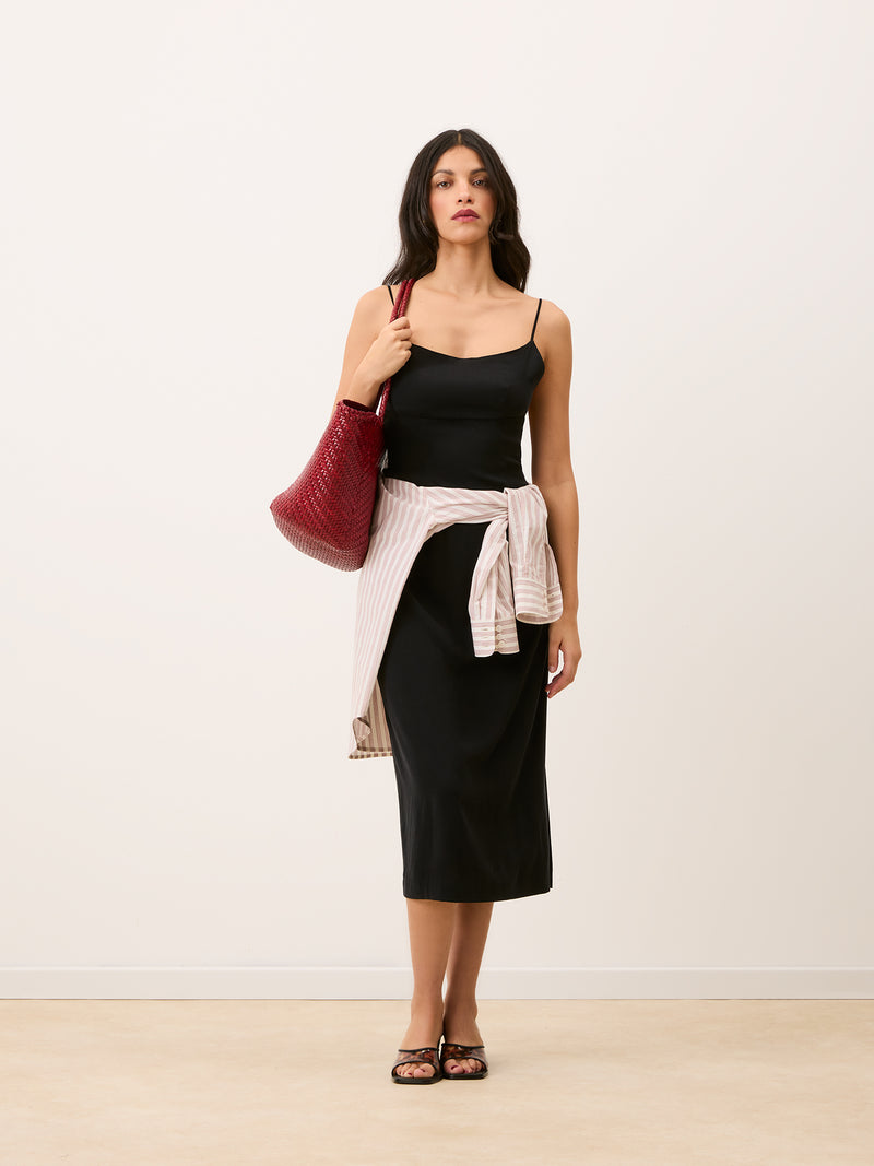 ANNICK black spaghetti strap midi dress, side view by Rouje