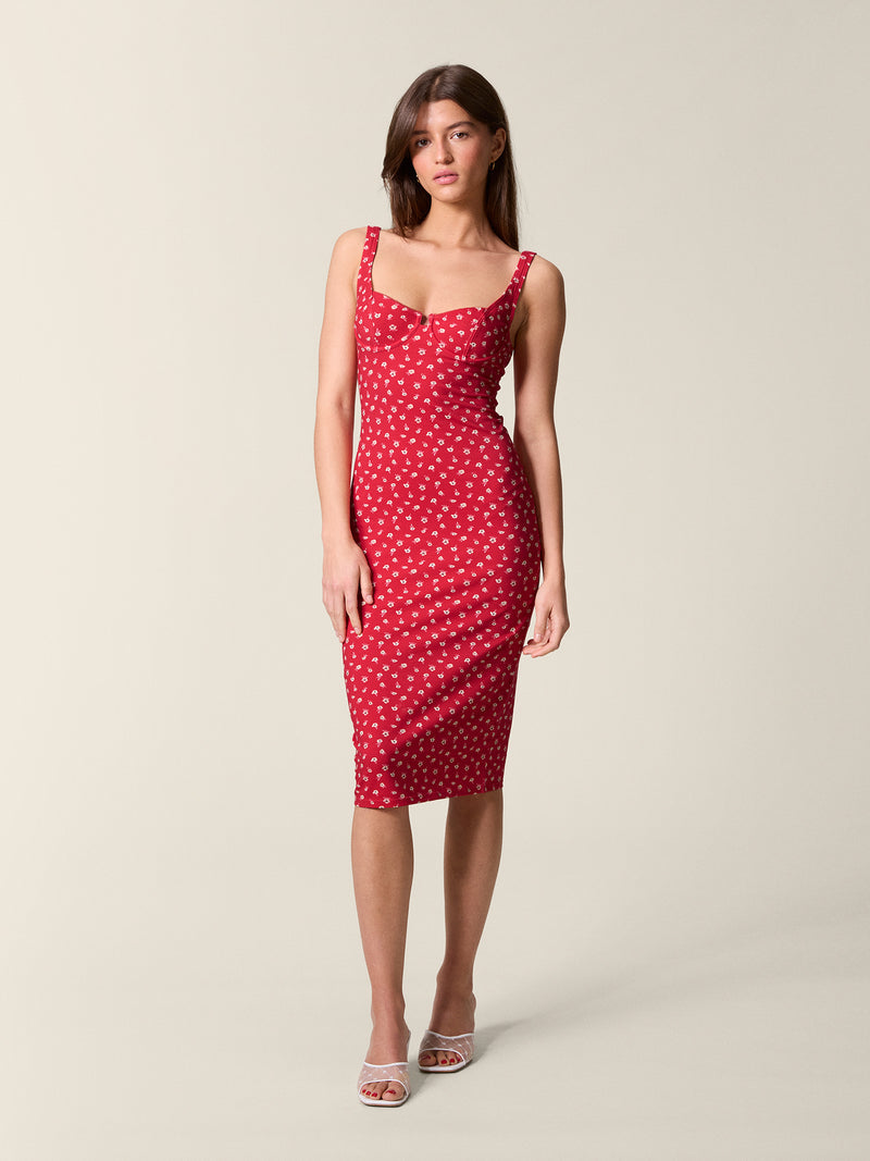 Arielle figure-hugging red midi dress, front view.