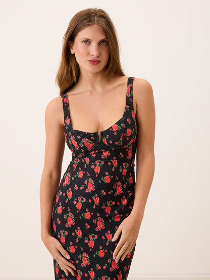 ARIELLE black Balade bucolique floral balconette midi tube dress, front view by Rouje