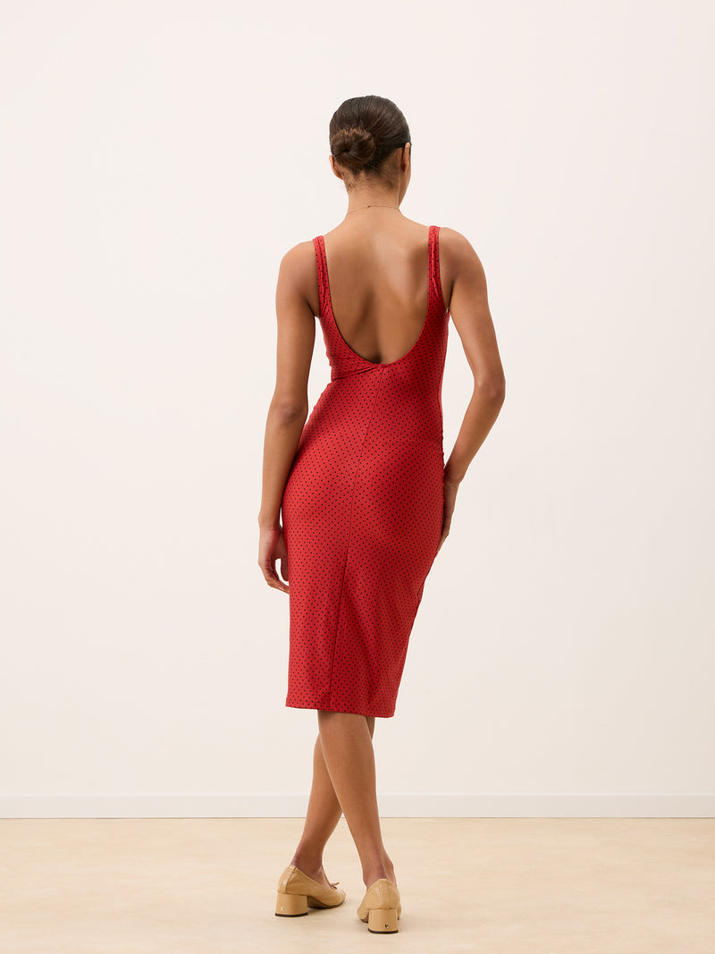 ARIELLE red plumetis balconette midi dress, back view by Rouje