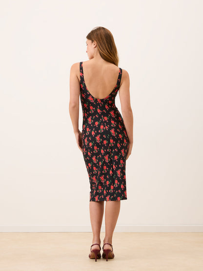 ARIELLE black floral balconette midi tube dress, detail of neckline by Rouje