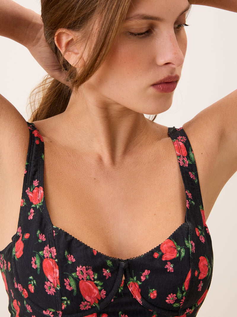 ARIELLE black floral midi dress worn on a model, full-length view by Rouje