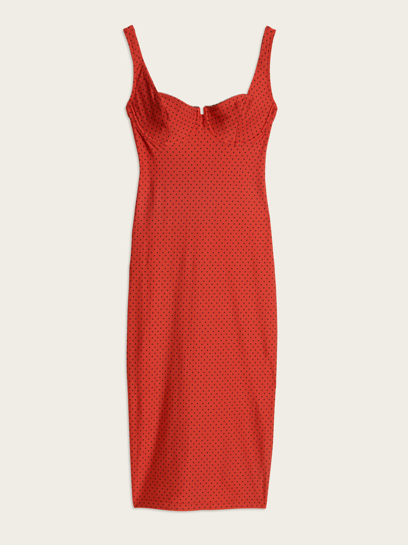 ARIELLE red plumetis fitted balconette midi dress, flat packshot by Rouje