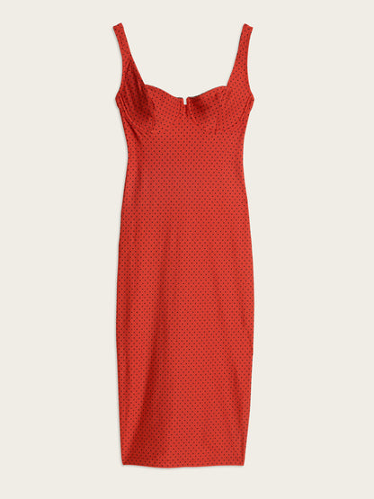 ARIELLE red plumetis fitted balconette midi dress, flat packshot by Rouje
