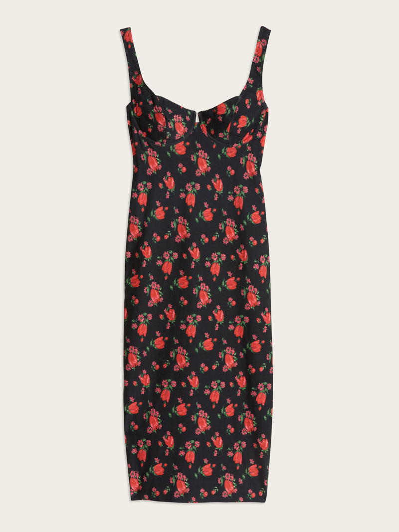 ARIELLE black floral balconette midi tube dress, flat packshot by Rouje