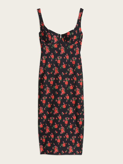 ARIELLE black floral balconette midi tube dress, flat packshot by Rouje