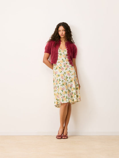 Asma sleeveless floral crepe midi dress worn by a model, full-length look