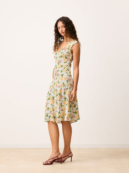 Asma sleeveless floral crepe midi dress worn by a model, 3/4 front full-length view