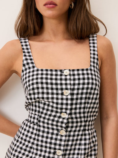 BENEDICTA black gingham dress, detail of drawstring waist by Rouje