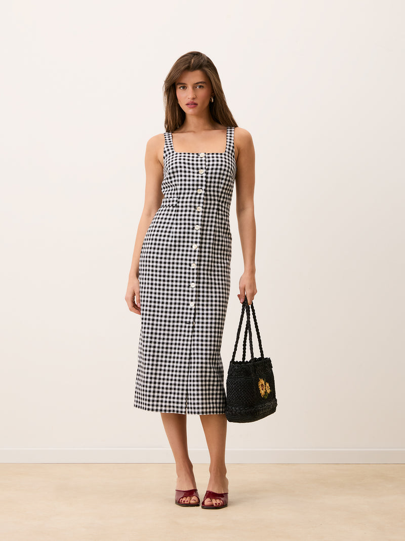 BENEDICTA black gingham midi dress, side view by Rouje