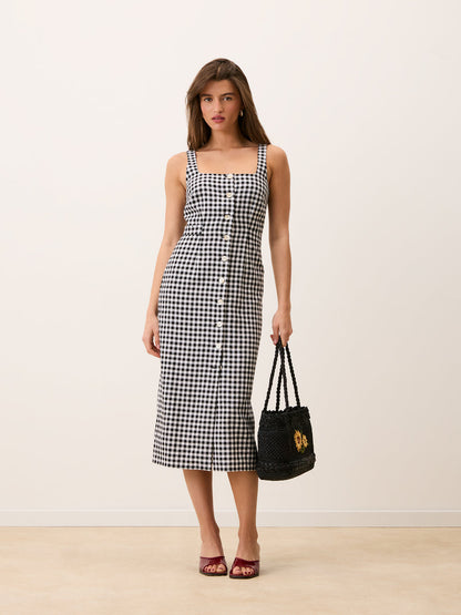 BENEDICTA black gingham midi dress, side view by Rouje