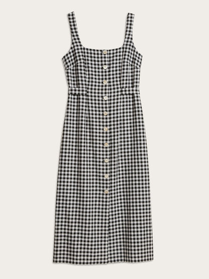 BENEDICTA black gingham sleeveless midi dress, flat packshot by Rouje