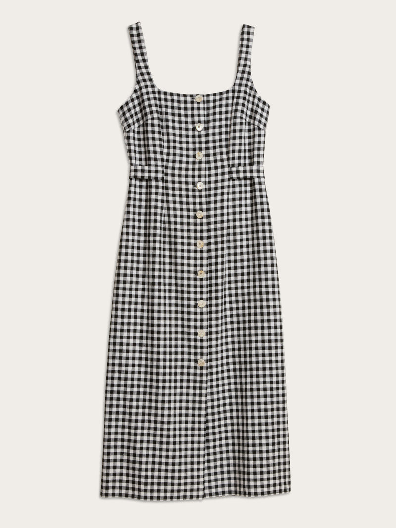 BENEDICTA black gingham sleeveless midi dress, flat packshot by Rouje
