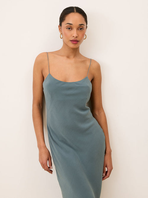 BERTILLE blue-gray flowy long thin-strap dress, front view by Rouje
