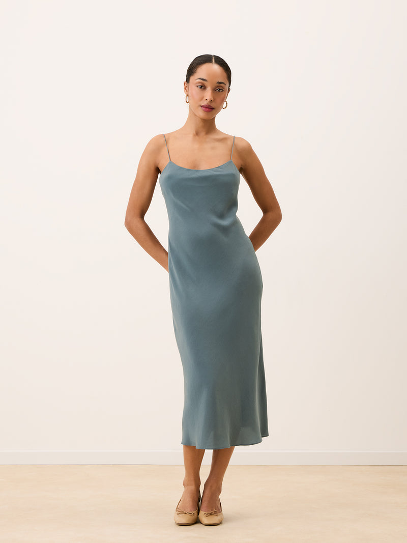 BERTILLE blue-gray long dress worn on a model by Rouje