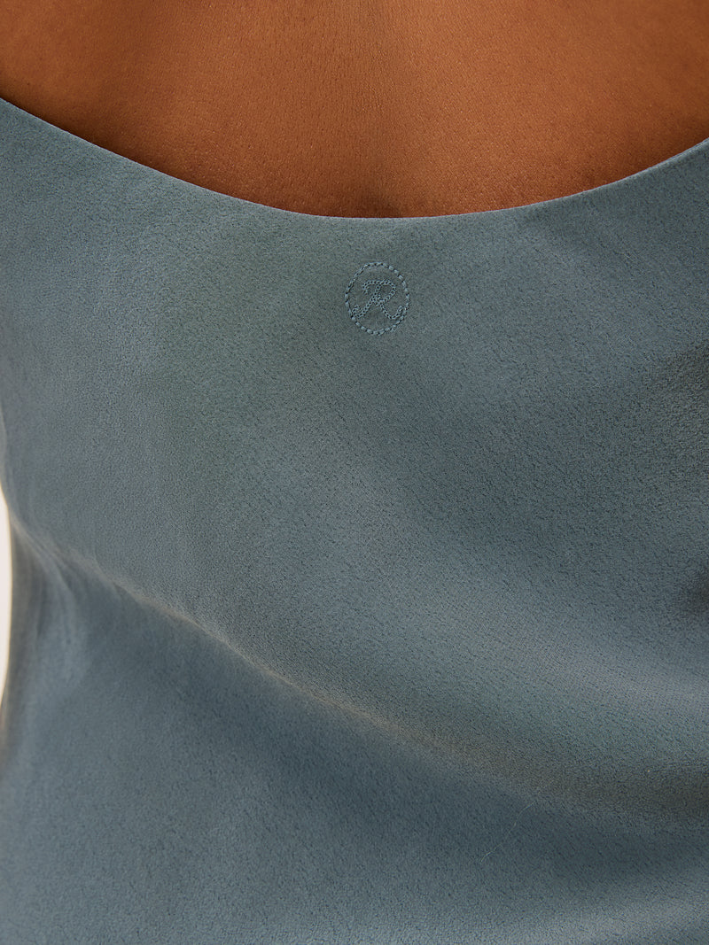 BERTILLE blue-gray flowy long dress, 3/4 view by Rouje