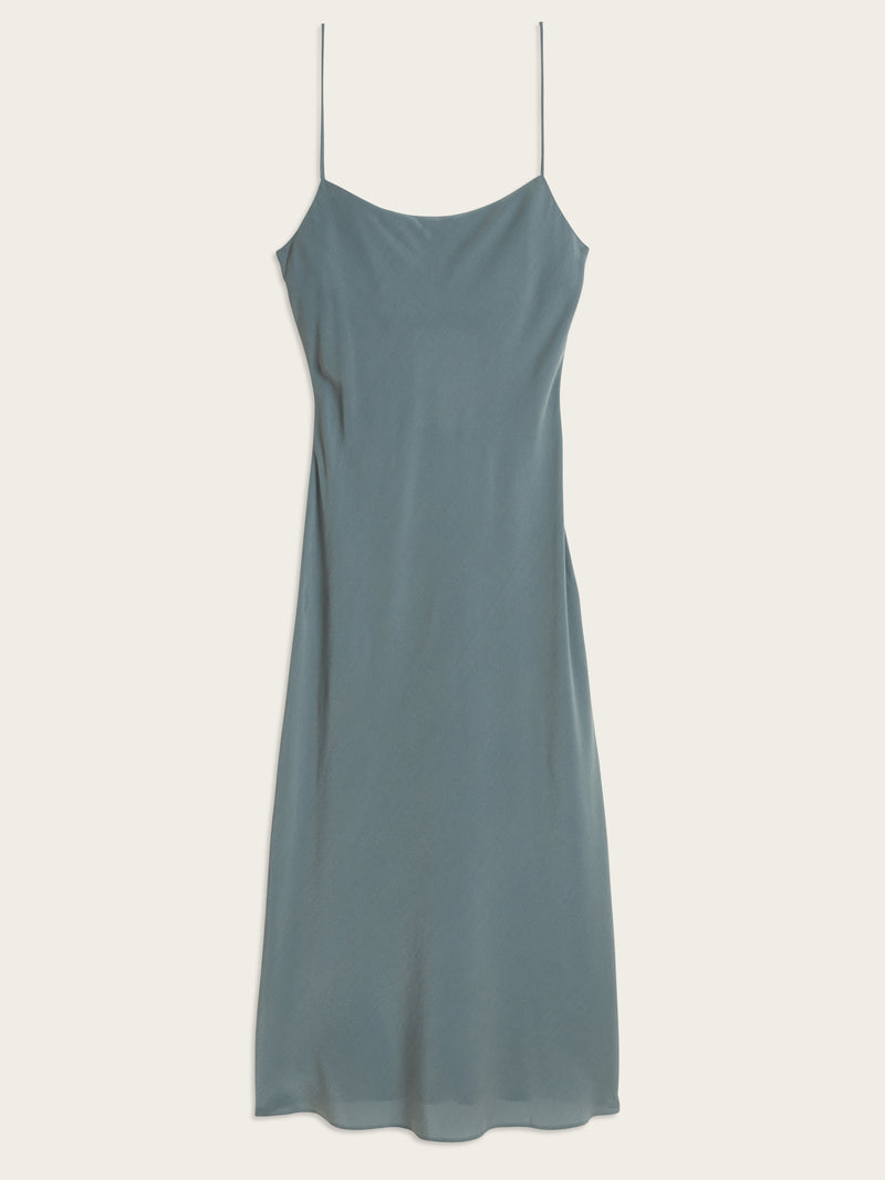BERTILLE blue-gray flowy long thin-strap dress, flat packshot by Rouje