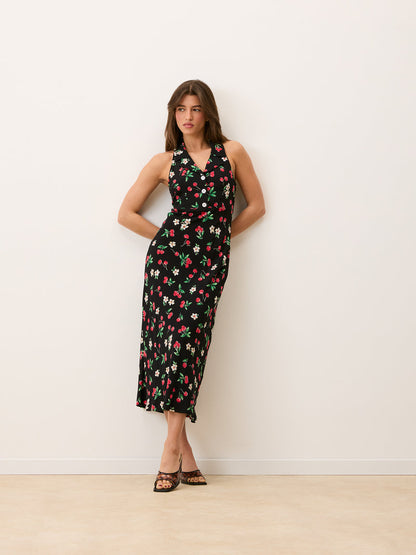 CARLITA black Cherry baby print sleeveless crepe maxi dress, front view by Rouje
