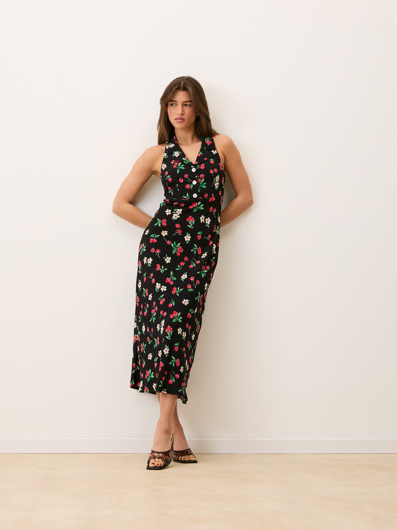 CARLITA black Cherry baby print sleeveless crepe maxi dress, front view by Rouje