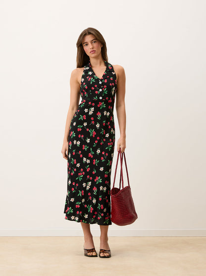 CARLITA black Cherry baby print sleeveless maxi dress, back view by Rouje