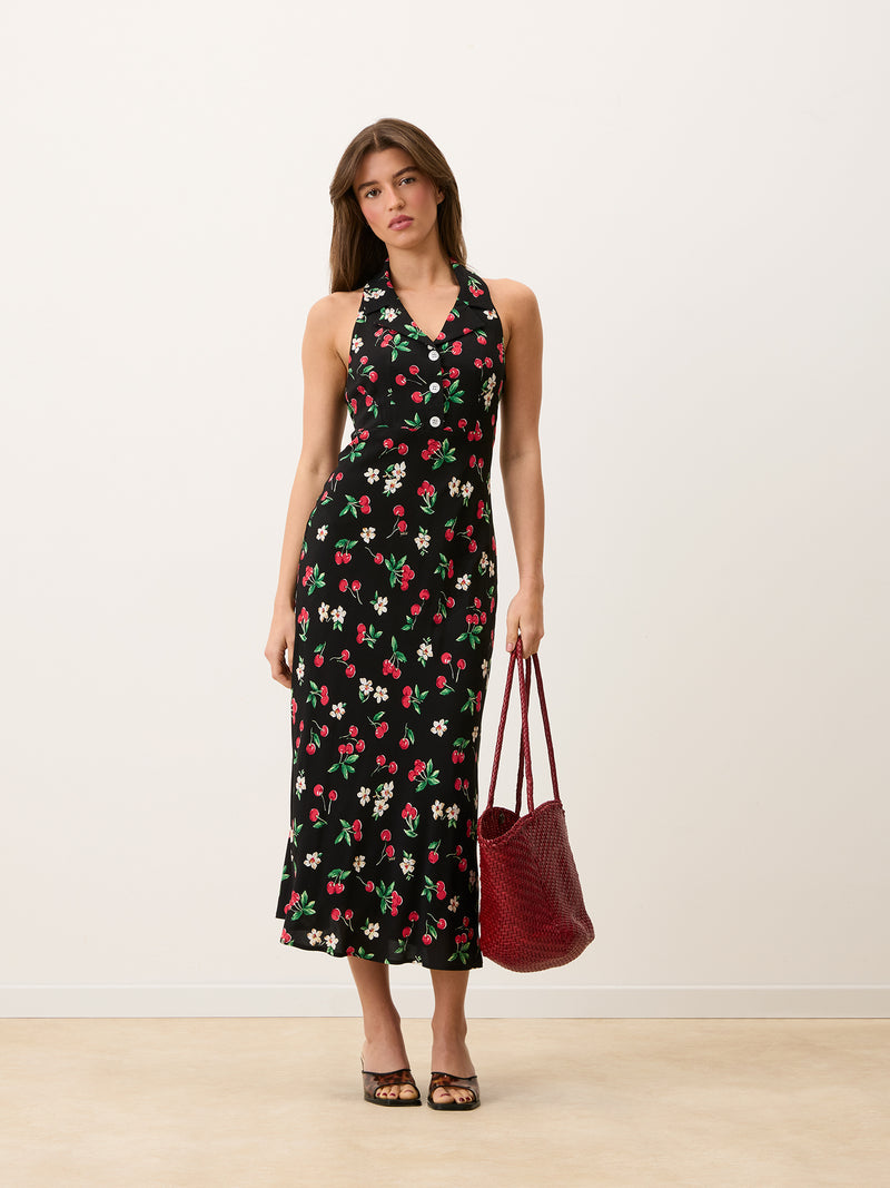 CARLITA black Cherry baby print sleeveless maxi dress, back view by Rouje