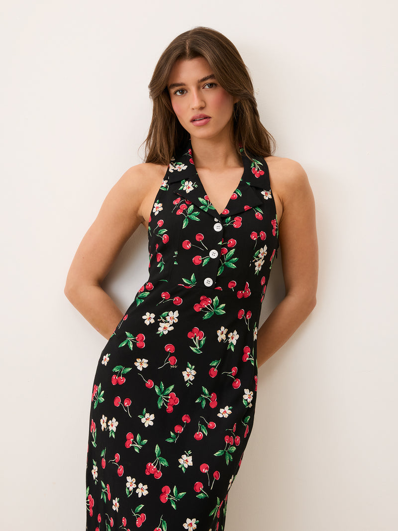 CARLITA black print sleeveless crepe maxi dress, side view by Rouje