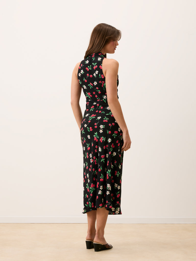 CARLITA black Cherry baby print sleeveless crepe maxi dress, detail by Rouje