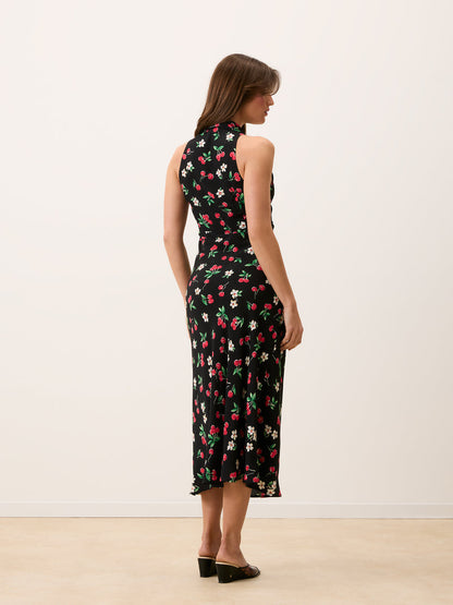 CARLITA black Cherry baby print sleeveless crepe maxi dress, detail by Rouje