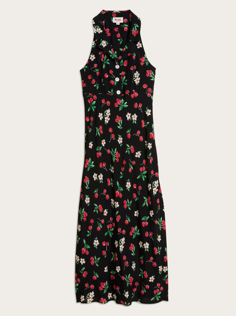 CARLITA black Cherry baby print sleeveless crepe maxi dress, flat packshot by Rouje
