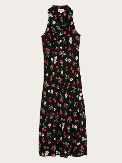 CARLITA black Cherry baby print sleeveless crepe maxi dress, flat packshot by Rouje