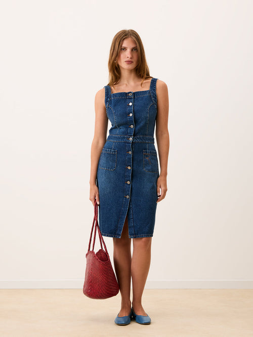 CATHOU original indigo denim fitted strappy dress, front view by Rouje